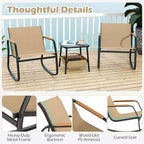 Costway 3 Piece Rocking Bistro Set with Storage Bag PS Armrests & Tabletop Metal Frame Brown/Black
