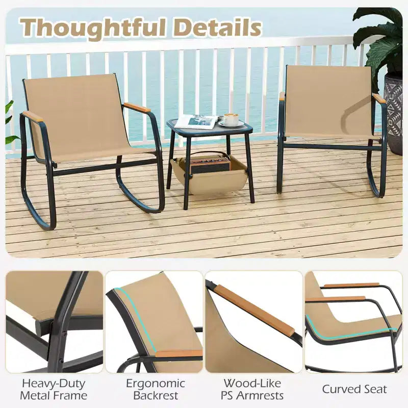 Costway 3 Piece Rocking Bistro Set with Storage Bag PS Armrests & Tabletop Metal Frame Brown/Black