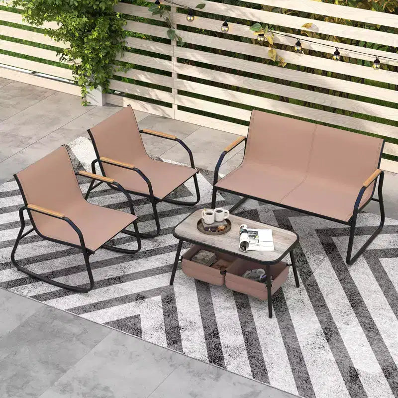 Costway 4 PCS Patio Furniture Set with 2 Rocking Bistro Chairs 2-Tier Coffee Table