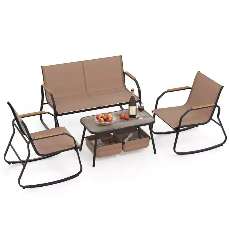 Costway 4 PCS Patio Furniture Set with 2 Rocking Bistro Chairs 2-Tier Coffee Table