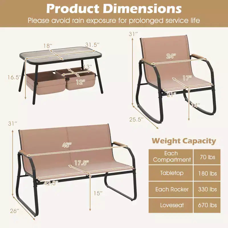 Costway 4 PCS Patio Furniture Set with 2 Rocking Bistro Chairs 2-Tier Coffee Table