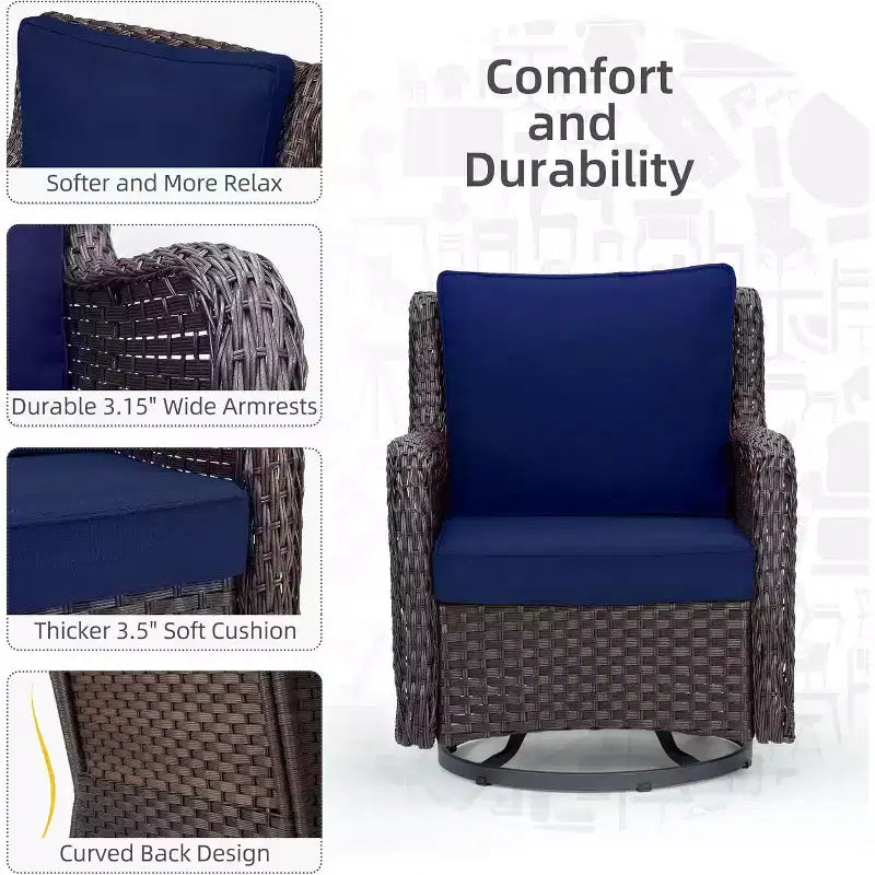 Outdoor Swivel Wicker Glider Patio Chairs with Table, 3 Pieces Outdoor Bistro Set with 4in Thick Cushions and Coffee Table for Porch, Balcony, Deck