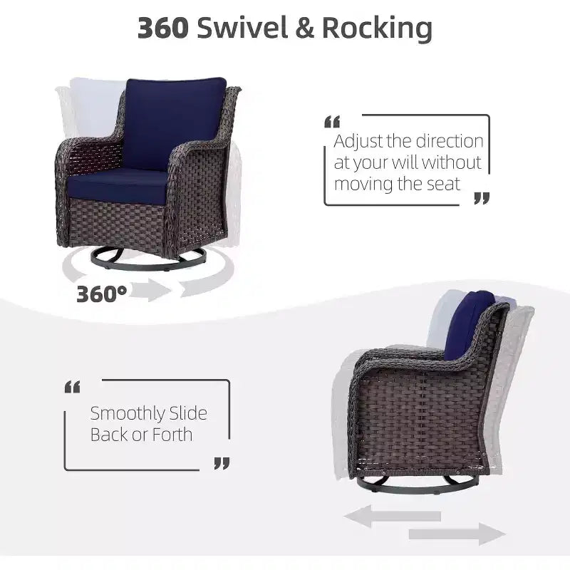 Outdoor Swivel Wicker Glider Patio Chairs with Table, 3 Pieces Outdoor Bistro Set with 4in Thick Cushions and Coffee Table for Porch, Balcony, Deck