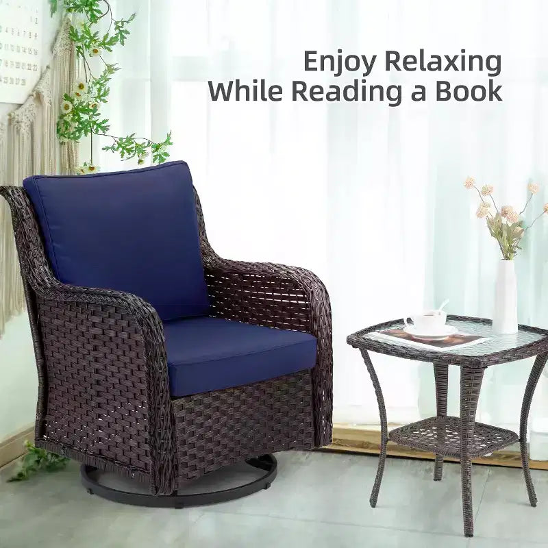 Outdoor Swivel Wicker Glider Patio Chairs with Table, 3 Pieces Outdoor Bistro Set with 4in Thick Cushions and Coffee Table for Porch, Balcony, Deck