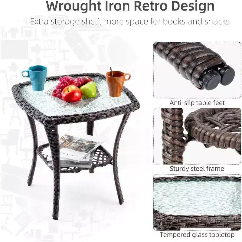 Outdoor Swivel Wicker Glider Patio Chairs with Table, 3 Pieces Outdoor Bistro Set with 4in Thick Cushions and Coffee Table for Porch, Balcony, Deck