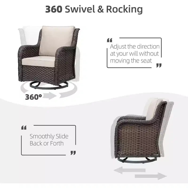Outdoor Swivel Wicker Glider Patio Chairs with Table, 3 Pieces Outdoor Bistro Set with 4in Thick Cushions and Coffee Table for Porch, Balcony, Deck
