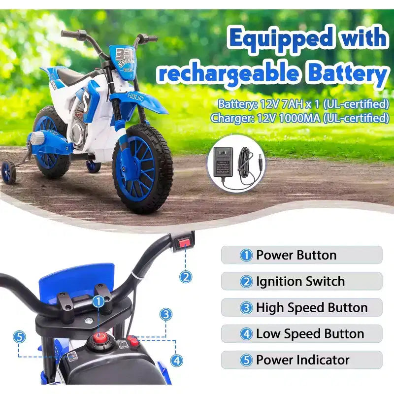 Sandinrayli Electric Motorcycle for Kids 12V Dirt Bike Ride on Car Battery Powered Motorbike Off-Road Motocross