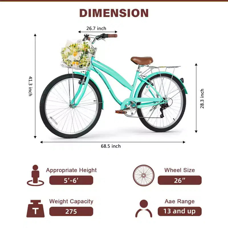Hykolity 26 Inch Beach Cruiser Bike 7-Speed Commuter Bicycle Outdoor City Bike for Women with Rear Rack High-Carbon Steel Front Rear Fenders & Basket