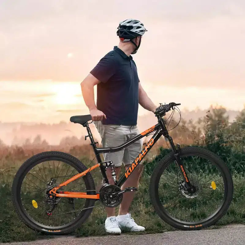NAYSAYE Bicycle 26 Inch Steel Frame Mountain Bike 21 Speed with Shock Fork and Disc Brakes for Unisex, Black and Orange, 55.91*7.88*28.74