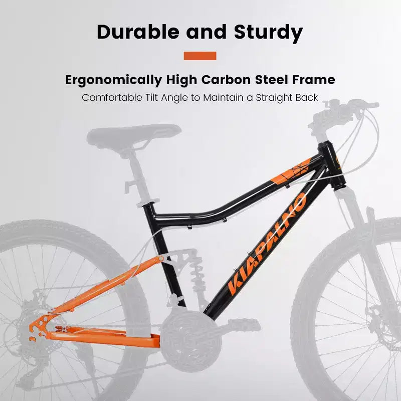 NAYSAYE Bicycle 26 Inch Steel Frame Mountain Bike 21 Speed with Shock Fork and Disc Brakes for Unisex, Black and Orange, 55.91*7.88*28.74