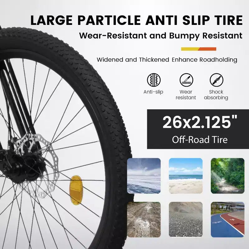 NAYSAYE Bicycle 26 Inch Steel Frame Mountain Bike 21 Speed with Shock Fork and Disc Brakes for Unisex, Black and Orange, 55.91*7.88*28.74