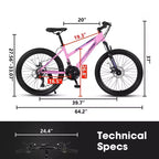 NAYSAYE Bicycle 24 Inch Mountain Bike with 21 Speed Shifter Dual Disc Brakes for Teenagers and Women, Pink, 66*24.8*35