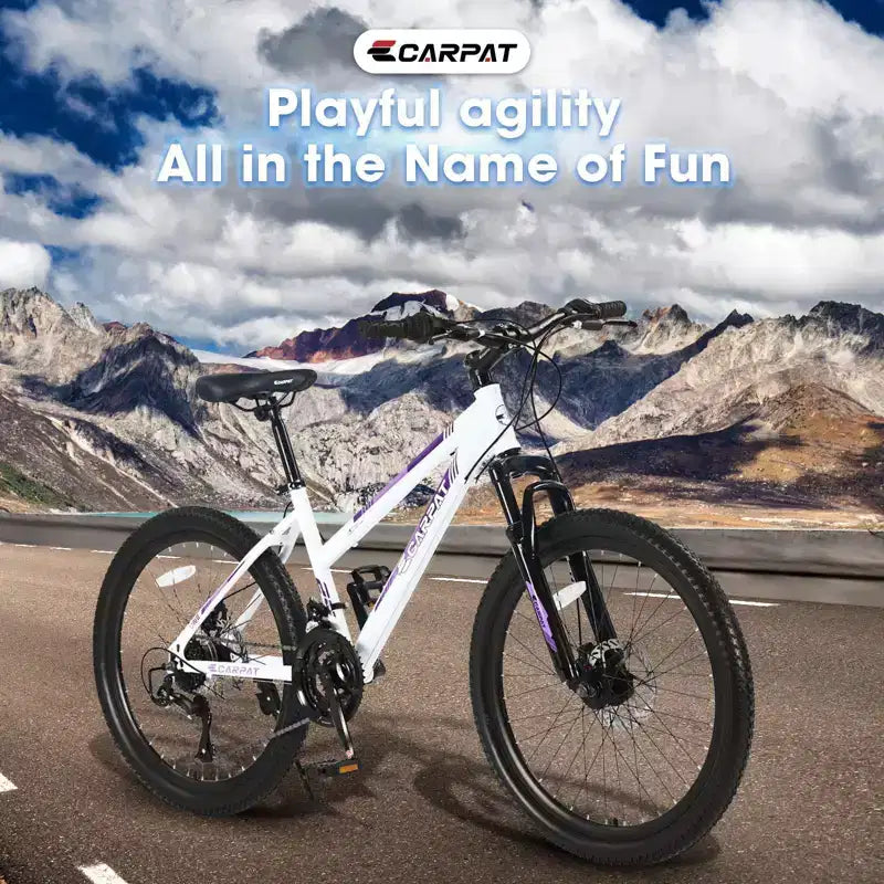 NAYSAYE Bicycle 24 Inch Mountain Bike with 21 Speed Shifter Dual Disc Brakes for Teenagers and Women, White, 66*24.8*35