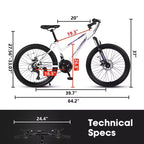 NAYSAYE Bicycle 24 Inch Mountain Bike with 21 Speed Shifter Dual Disc Brakes for Teenagers and Women, White, 66*24.8*35