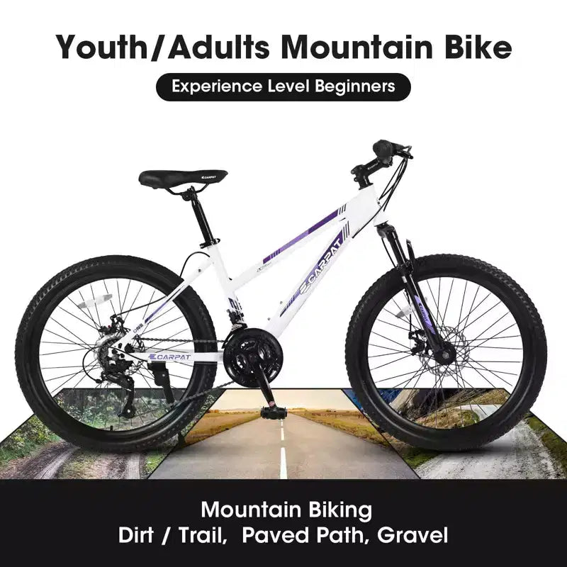 NAYSAYE Bicycle 24 Inch Mountain Bike with 21 Speed Shifter Dual Disc Brakes for Teenagers and Women, White, 66*24.8*35