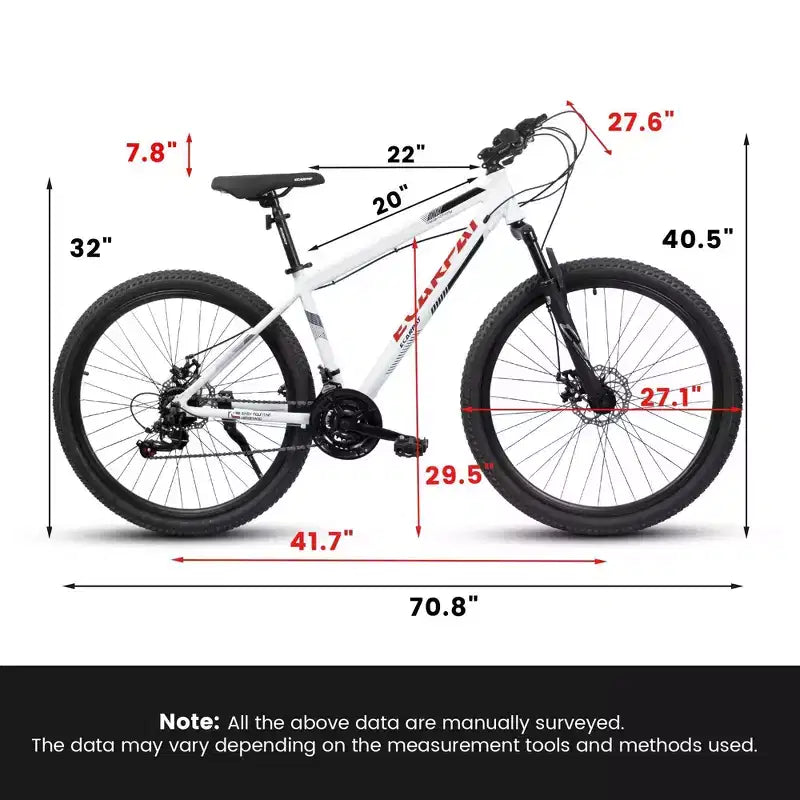 NAYSAYE Bicycle 27 Inch Mountain Bike with 21 Speed Shifter Suspension Fork and Disc Brakes for Men and Women, White, 53.54*7.68*28.35