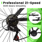 NAYSAYE 26 Inch Mountain Bike with Carbon Steel Frame 21 Speed Dual V Brakes for Adults and Teens for Trail Riding, Black and Green, 69.57*27*39