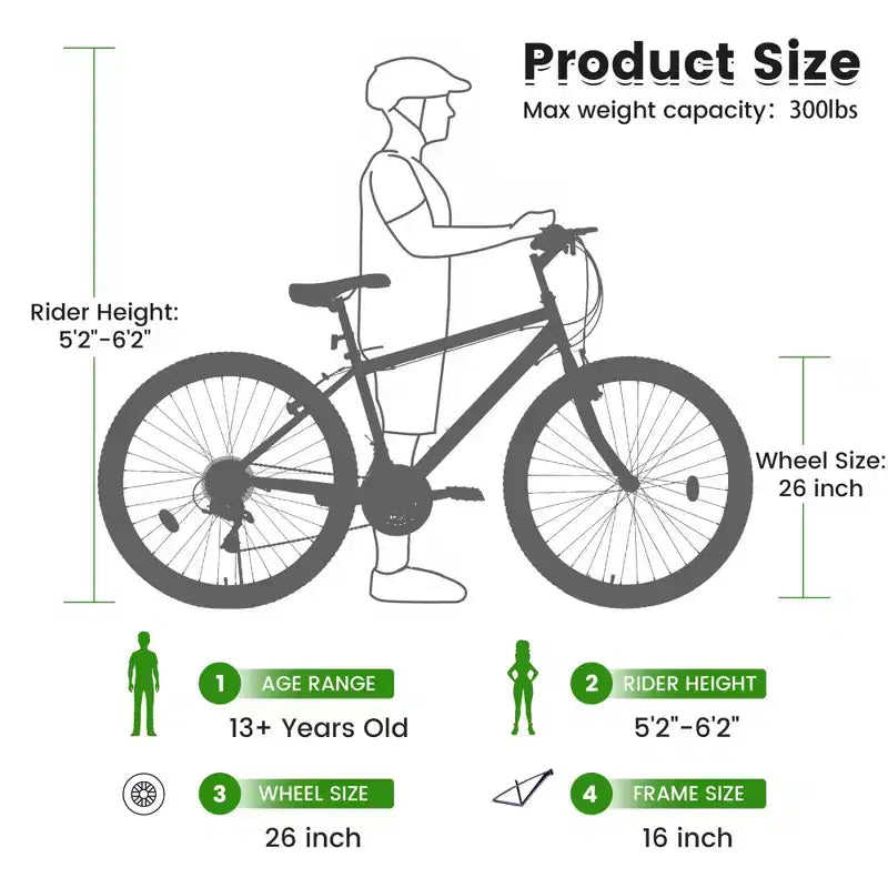 NAYSAYE 26 Inch Mountain Bike with Carbon Steel Frame 21 Speed Dual V Brakes for Adults and Teens for Trail Riding, Black and Green, 69.57*27*39