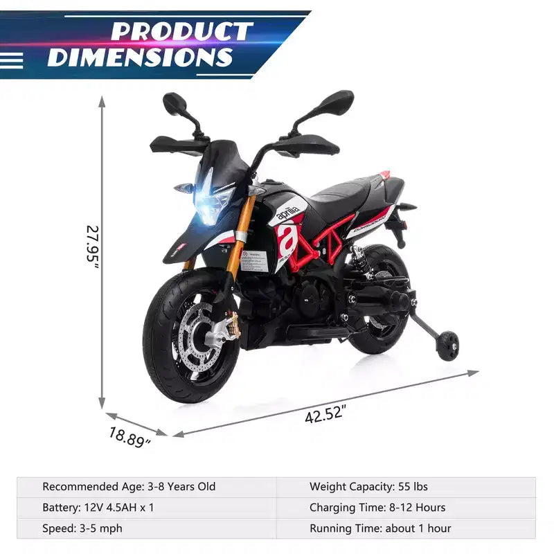 Sandinrayli 12V Aprilia Licensed Electric Kids Ride On Motorcycle, Battery Powered Dirt Bike With Training Wheels