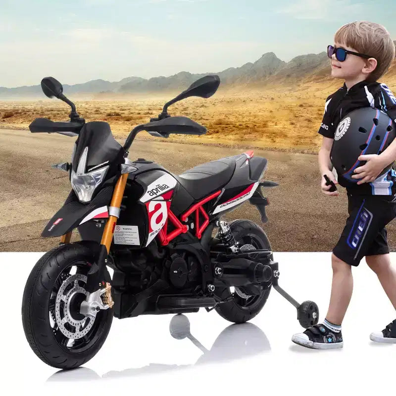 Sandinrayli 12V Aprilia Licensed Electric Kids Ride On Motorcycle, Battery Powered Dirt Bike With Training Wheels