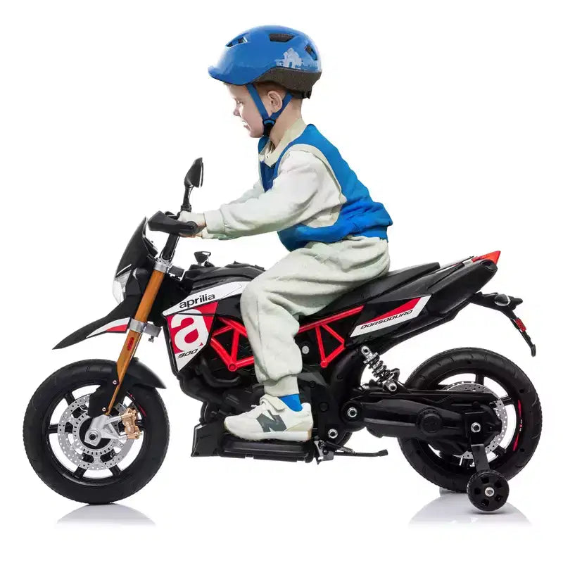 Sandinrayli 12V Aprilia Licensed Electric Kids Ride On Motorcycle, Battery Powered Dirt Bike With Training Wheels