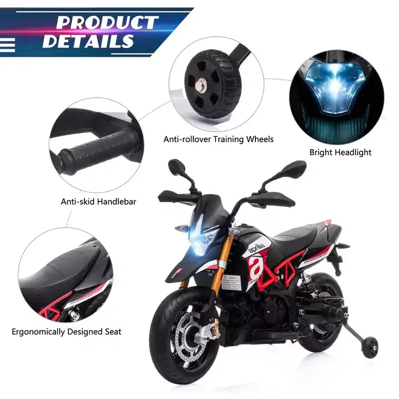 Sandinrayli 12V Aprilia Licensed Electric Kids Ride On Motorcycle, Battery Powered Dirt Bike With Training Wheels