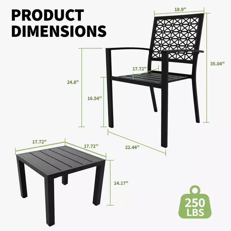 3 Piece Patio Bistro Set, Steel Outdoor Chairs and Table Set for 2, Small Modern Patio Furniture Set, Metal Porch Chairs with Tea Table