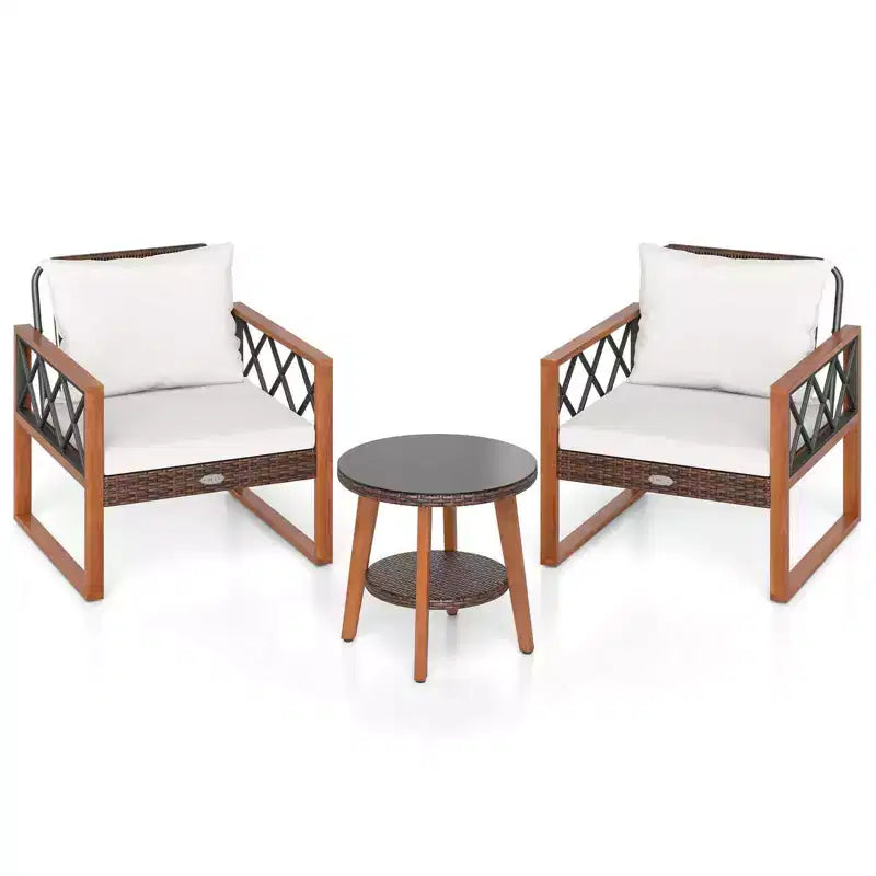 Costway 3 PCS Patio PE Wicker Furniture Set with Solid Acacia Wood Frame & Cushions