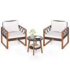 Costway 3 PCS Patio PE Wicker Furniture Set with Solid Acacia Wood Frame & Cushions