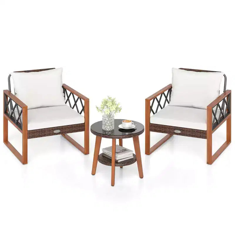 Costway 3 PCS Patio PE Wicker Furniture Set with Solid Acacia Wood Frame & Cushions