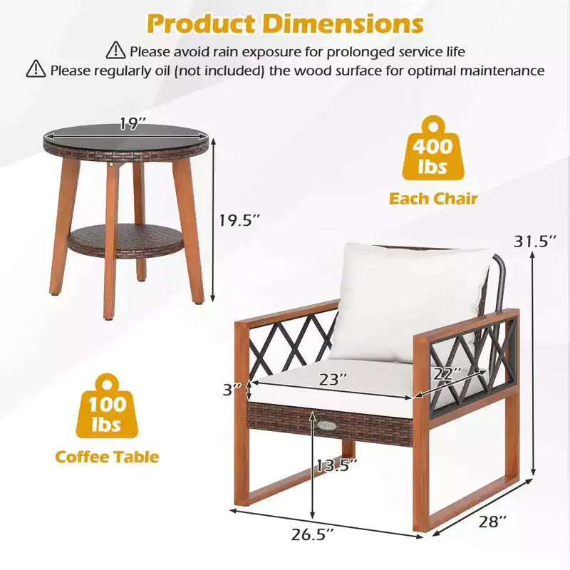 Costway 3 PCS Patio PE Wicker Furniture Set with Solid Acacia Wood Frame & Cushions