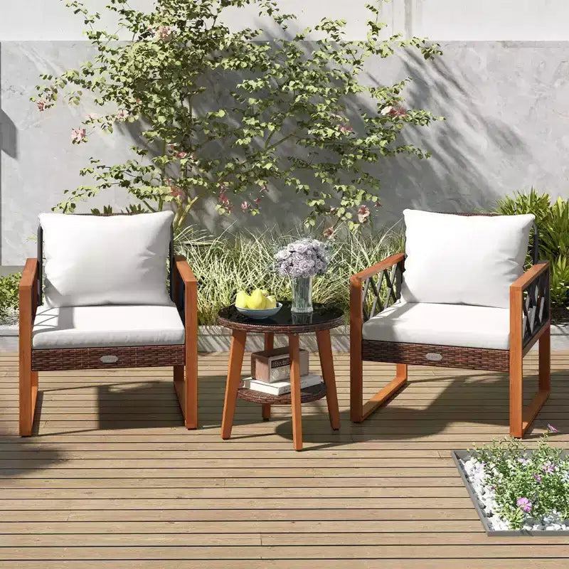 Costway 3 PCS Patio PE Wicker Furniture Set with Solid Acacia Wood Frame & Cushions