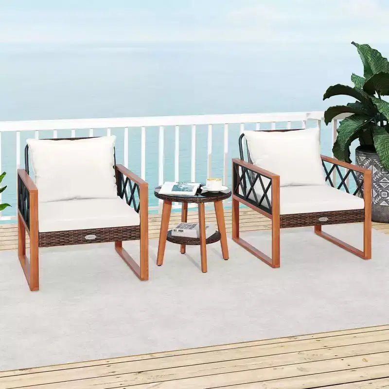Costway 3 PCS Patio PE Wicker Furniture Set with Solid Acacia Wood Frame & Cushions