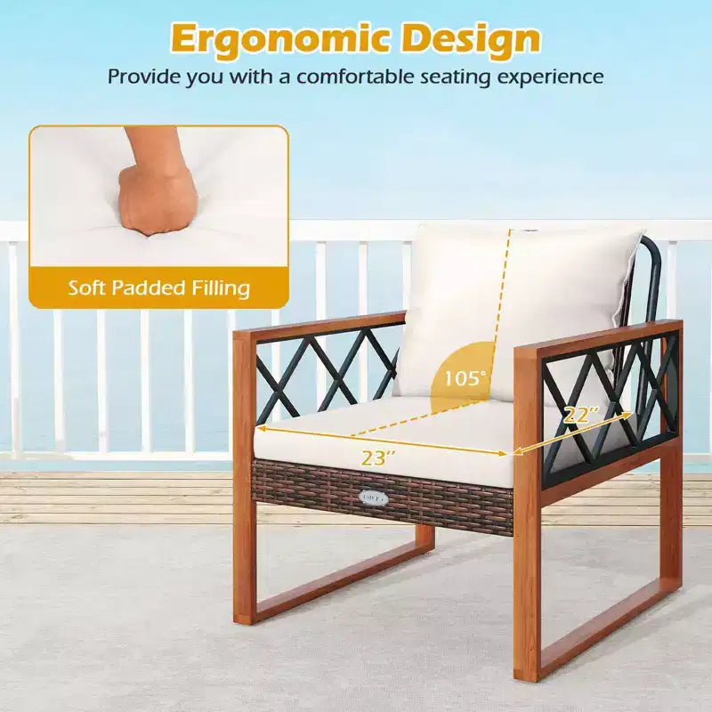 Costway 3 PCS Patio PE Wicker Furniture Set with Solid Acacia Wood Frame & Cushions