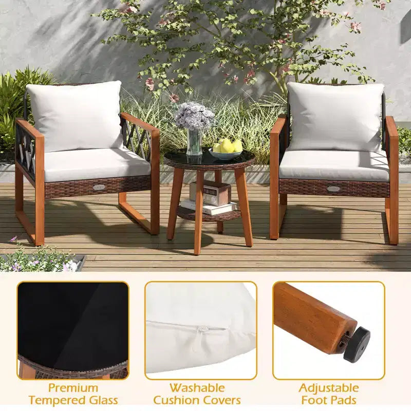 Costway 3 PCS Patio PE Wicker Furniture Set with Solid Acacia Wood Frame & Cushions