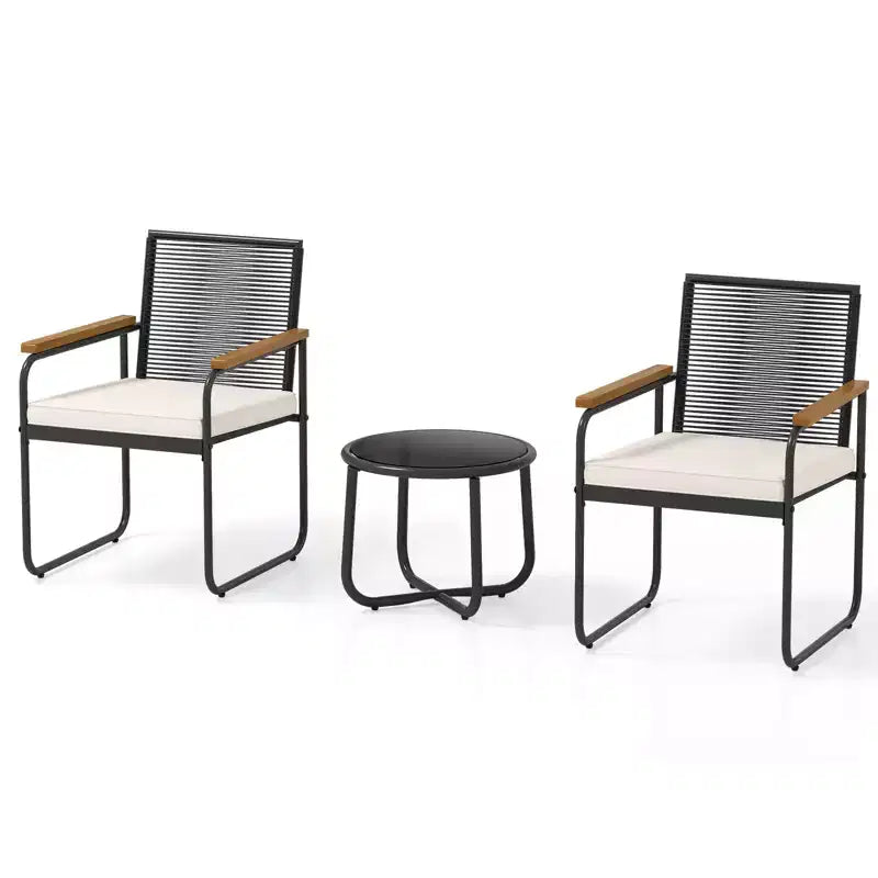 Costway 3 PCS Patio Furniture Set with Round Tempered Glass Top Table Armrests & Cushions