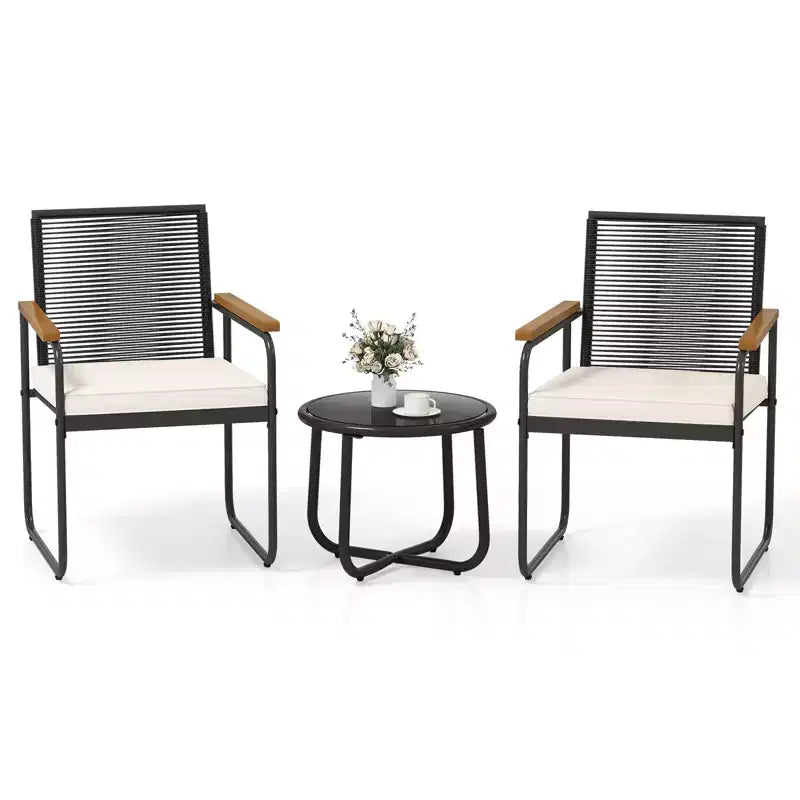 Costway 3 PCS Patio Furniture Set with Round Tempered Glass Top Table Armrests & Cushions