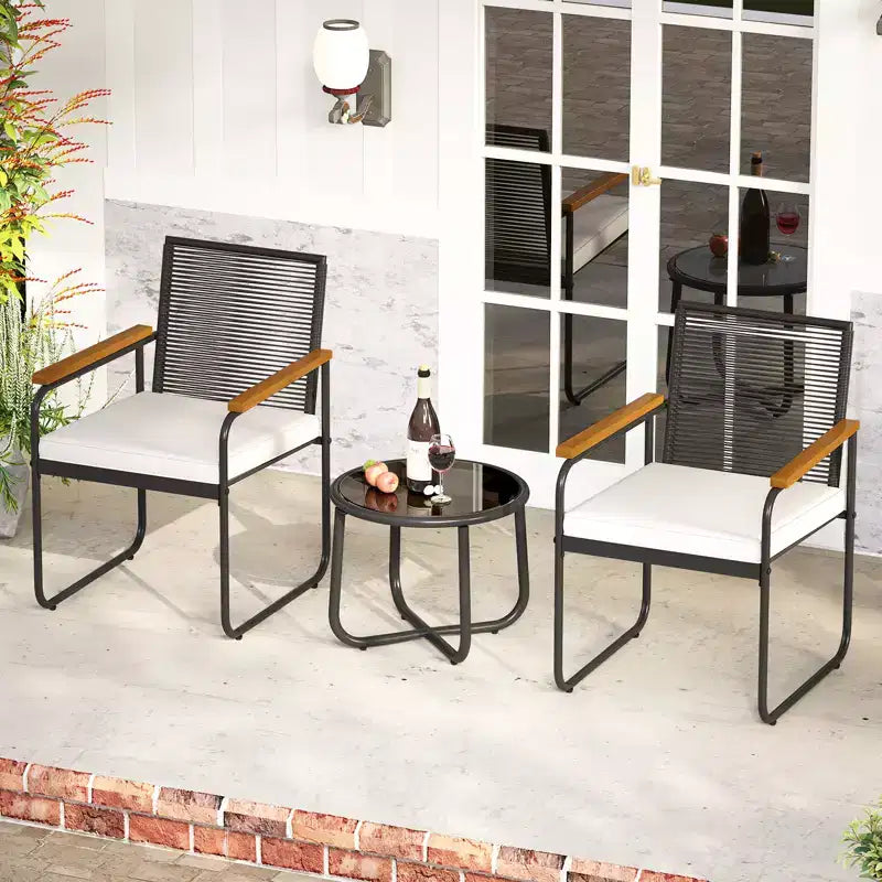 Costway 3 PCS Patio Furniture Set with Round Tempered Glass Top Table Armrests & Cushions