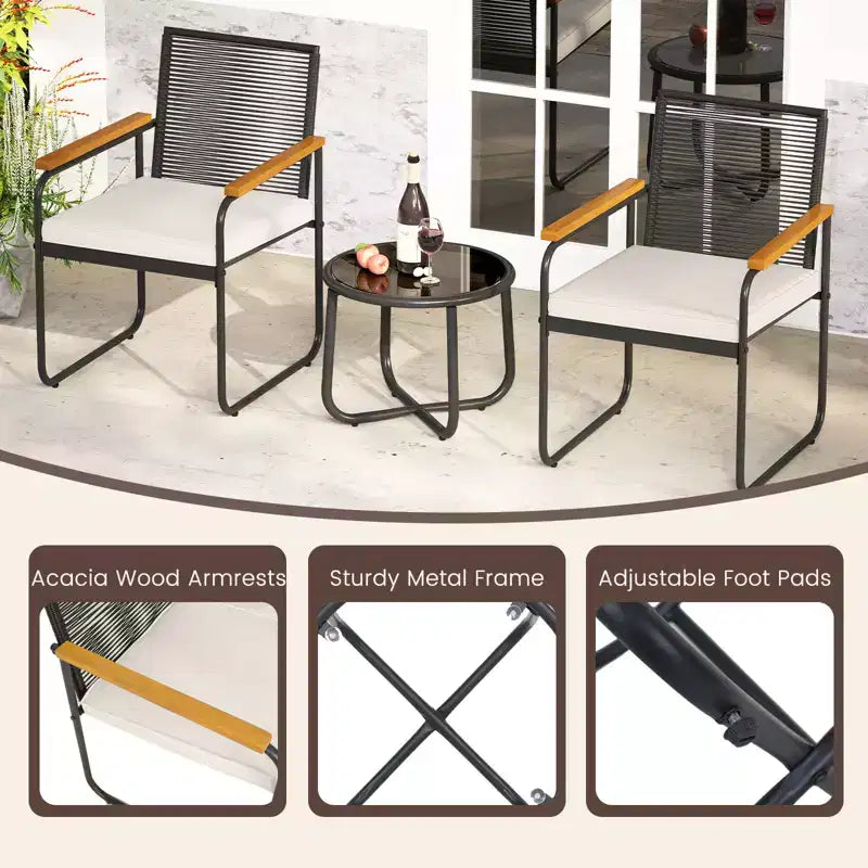 Costway 3 PCS Patio Furniture Set with Round Tempered Glass Top Table Armrests & Cushions
