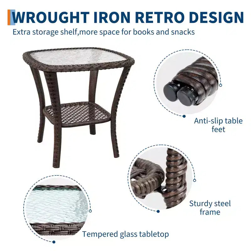Outdoor Swivel Wicker Sliding Patio Chairs with Table Set, 3-Piece Outdoor Bistro Set with 4-Inch Thick Cushions and Coffee Table