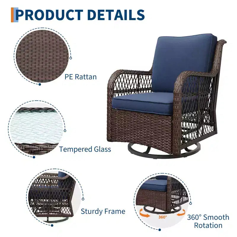 Outdoor Swivel Wicker Sliding Patio Chairs with Table Set, 3-Piece Outdoor Bistro Set with 4-Inch Thick Cushions and Coffee Table