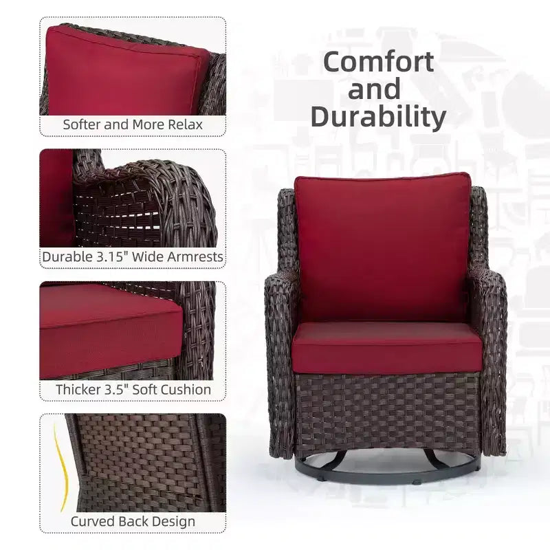 Outdoor Swivel Wicker Sliding Patio Chairs with Table Set, 3-Piece Outdoor Bistro Set with 4-Inch Thick Cushions and Coffee Table