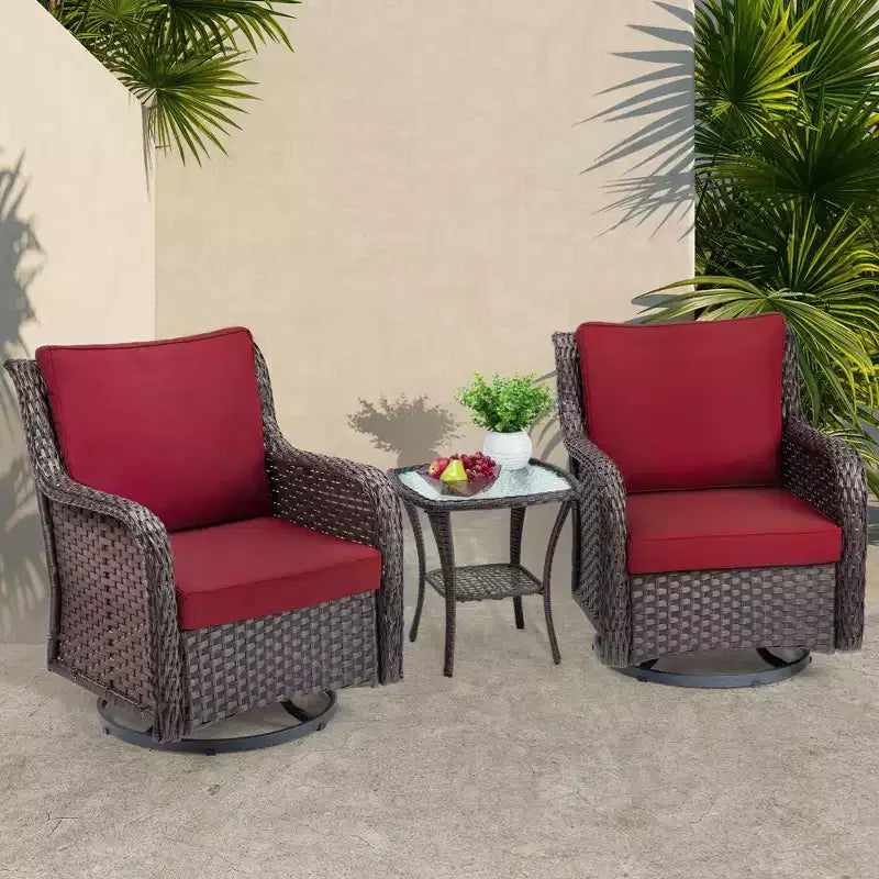 Outdoor Swivel Wicker Sliding Patio Chairs with Table Set, 3-Piece Outdoor Bistro Set with 4-Inch Thick Cushions and Coffee Table