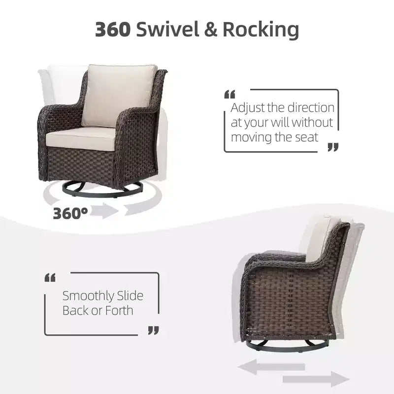 Outdoor Swivel Wicker Sliding Patio Chairs with Table Set, 3-Piece Outdoor Bistro Set with 4-Inch Thick Cushions and Coffee Table