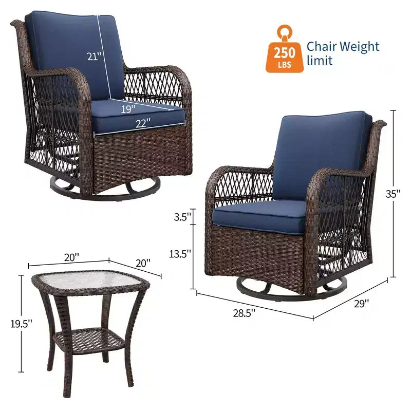 Outdoor Swivel Wicker Sliding Patio Chairs with Table Set, 3-Piece Outdoor Bistro Set with 4-Inch Thick Cushions and Coffee Table