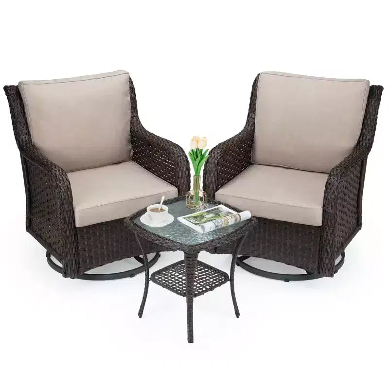 Outdoor Swivel Wicker Sliding Patio Chairs with Table Set, 3-Piece Outdoor Bistro Set with 4-Inch Thick Cushions and Coffee Table