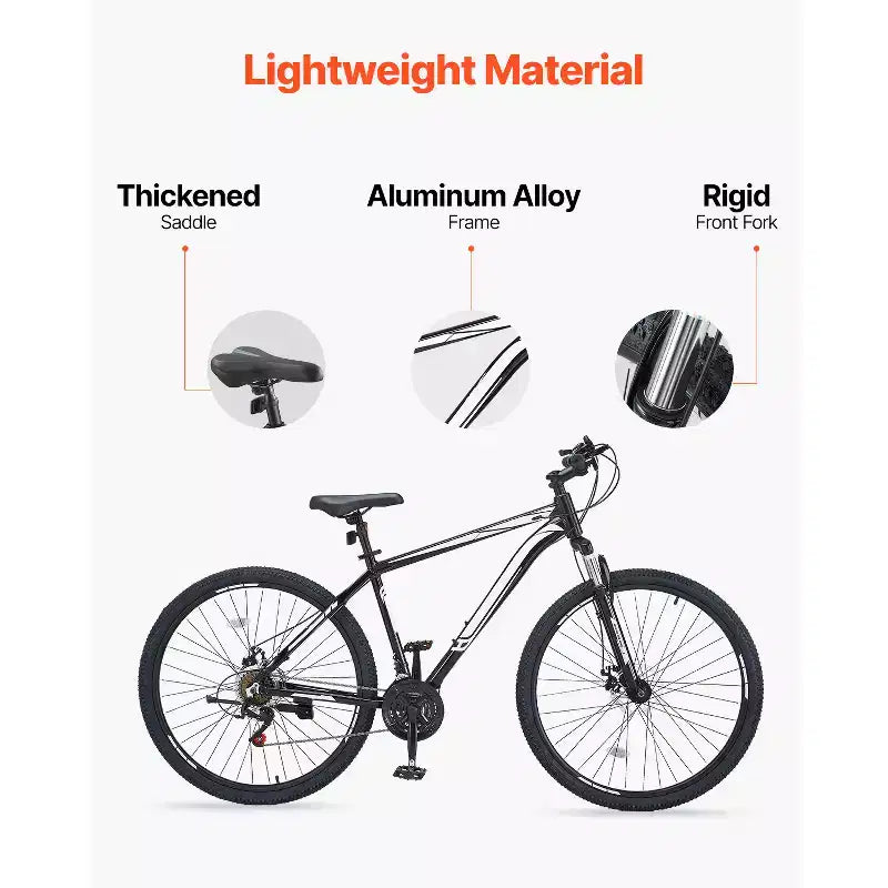 VEVOR Mountain Bike, 29-inch MTB Bicycle with Front Suspension, 21-Speed SHIMANO Twist Shifter, Dual Disc Brakes, Aluminum Alloy Frame,Black