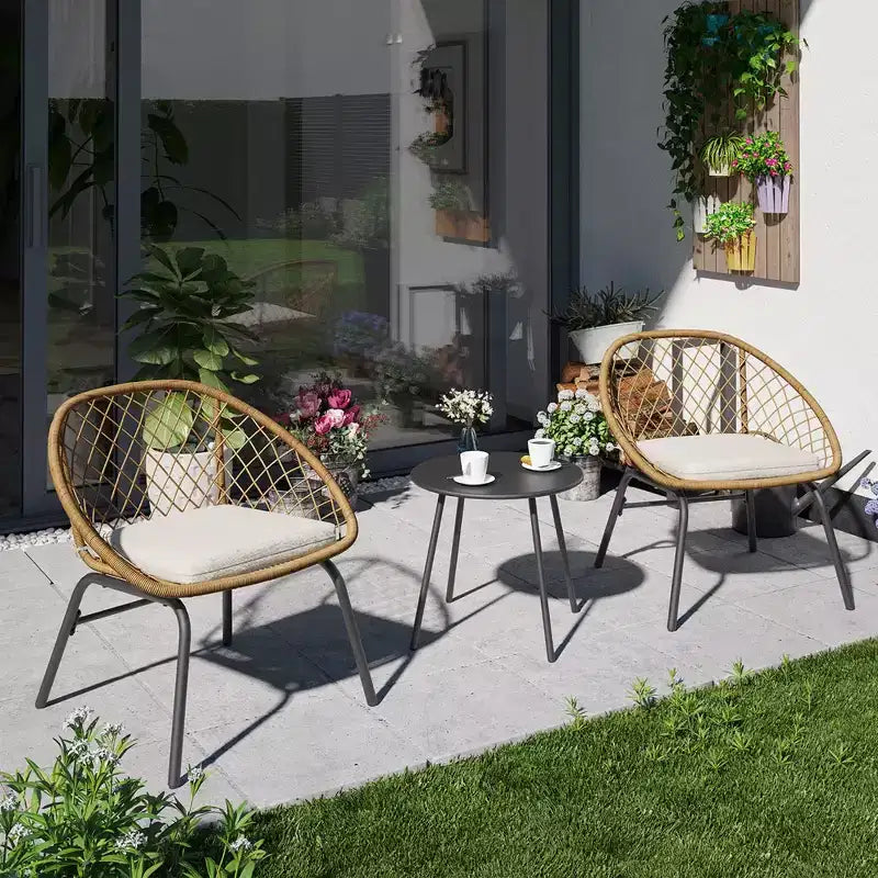 LAUSAINT 3-Piece HOME Wicker Bistro Set 2 Wide Chairs and Coffee Table Perfect Porch, Backyard, Balcony