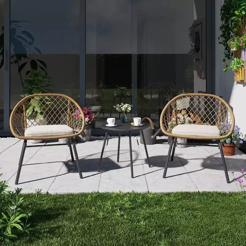 LAUSAINT 3-Piece HOME Wicker Bistro Set 2 Wide Chairs and Coffee Table Perfect Porch, Backyard, Balcony