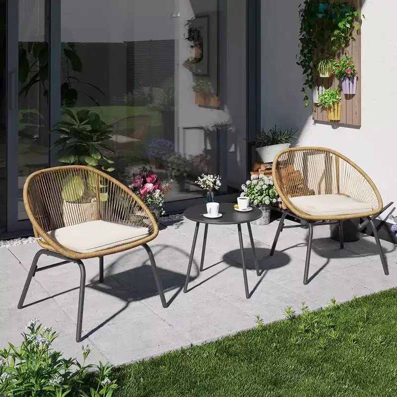 LAUSAINT 3-Piece HOME Wicker Bistro Set 2 Wide Chairs and Coffee Table Perfect Porch, Backyard, Balcony